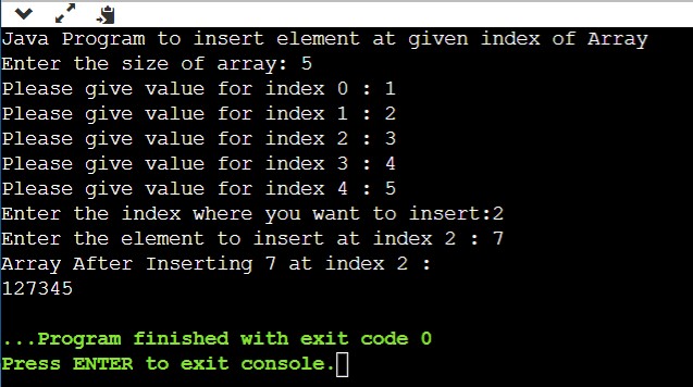 java insert element at given index array